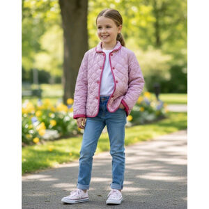 Lands End Quilted Coat Girl M 10-12 Jacket Pink Corduroy Chore Barn Preppy